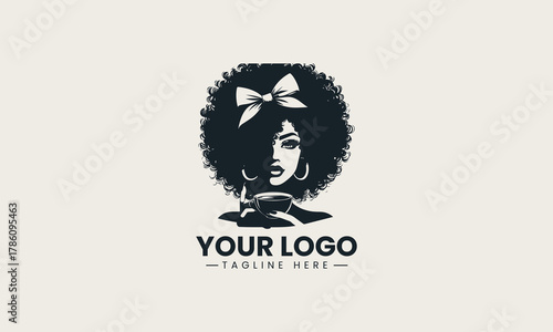 Black woman silhouette with coffee cup and curly hair stylish retro logo illustration