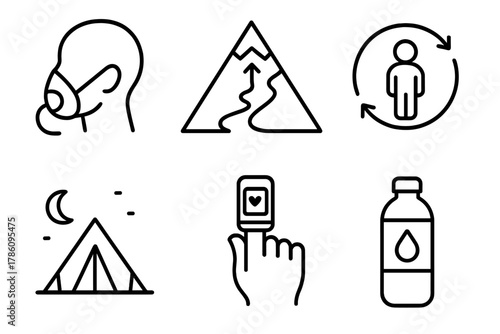 Altitude Adaptation Icons. Line style icons of altitude adaptation: oxygen mask icon, slow ascent route, acclimatization symbol,