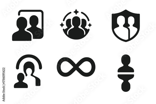 Parallel Identity Icons. Solid style icons of parallel self theory: mirror self glyph, multiverse avatar icon, dual soul badge.