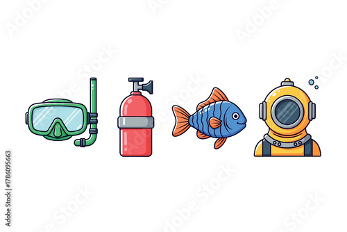 Underwater exploration and diving gear icons for adventure branding