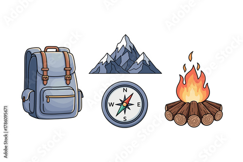 Outdoor adventure icons for camping and hiking enthusiasts