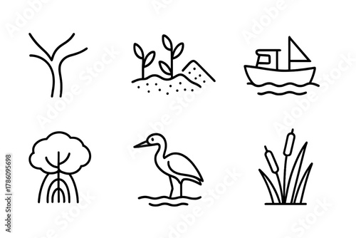 Delta Line Icons. Line style icons of Delta: Distributary, Fertile Land, Sediment, Fishing Boat, Mangrove, Heron, Water Channel,