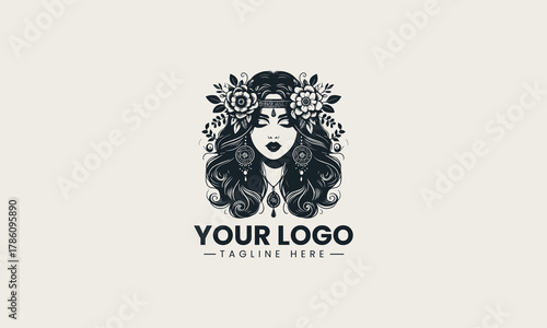 Black woman face silhouette wearing floral crown and long curly hair artistic logo