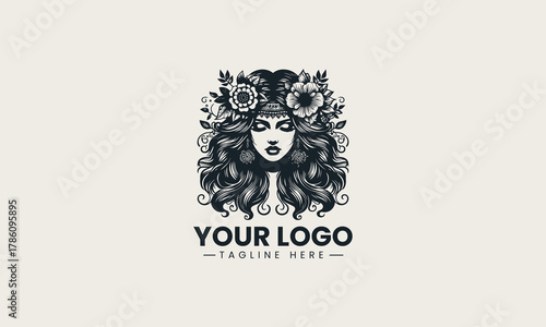 Black woman face silhouette wearing floral crown and long curly hair artistic logo