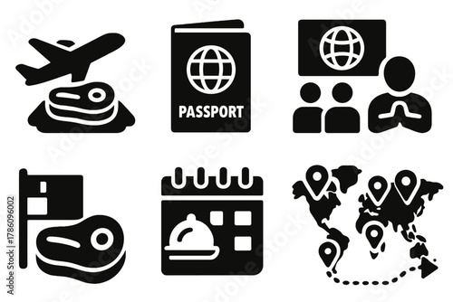 Global Tasting Tour Icons. Solid style icons of global tasting tour: airplane with meat tray, food passport, international panel.
