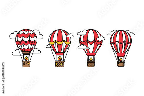 Whimsical hot air balloon adventure icons for travel design and marketing