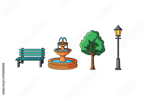 Urban park elements for landscape design and city planning