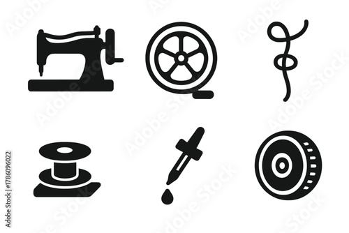 Antique Sewing Icons. Line style icons of Antique Restoration: vintage sewing machine, wheel crank, thread path, bobbin winder,