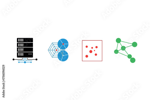 Data network and analytics icons for tech design projects