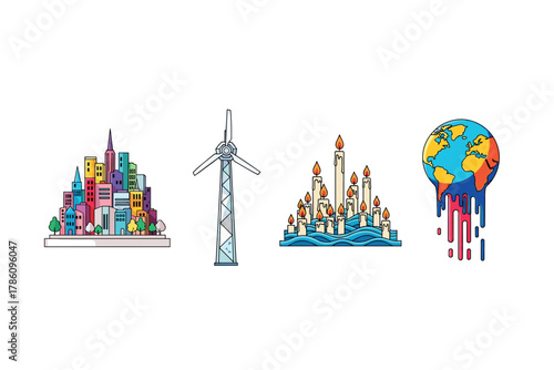 Urban sustainability and climate change awareness icons for eco-friendly designs