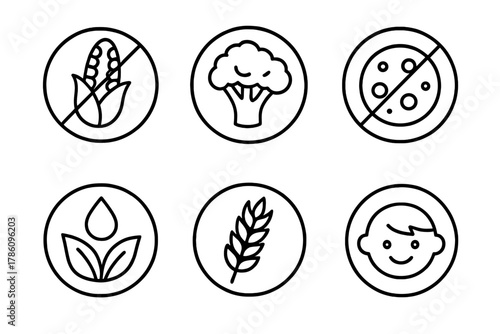 Dietary Adaptation Icons. Line style icons of dietary adaptations: paleo-friendly grain, vegan protein source, low-allergen badge,