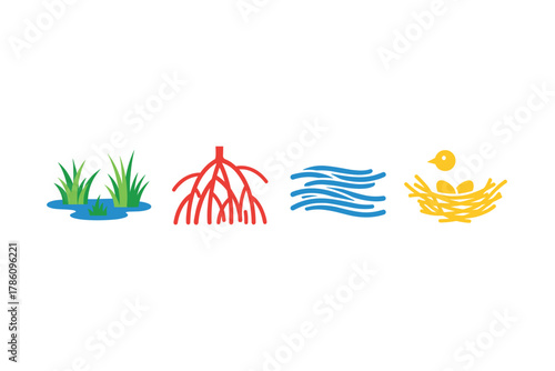 Wetland ecosystem icons for nature conservation design