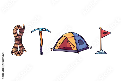 Mountain climbing and adventure camping icons for outdoor enthusiasts