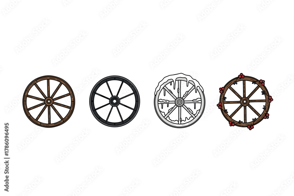 Fototapeta premium Traditional and decorative wagon wheels icons for historical design projects