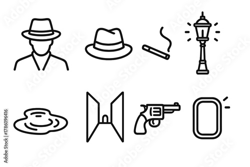 Noir Shadows Icons. Line style icons of Noir Shadows: Silhouette, Fedora, Cigarette, Lamp Post, Rain Puddle, Alleyway, Revolver,