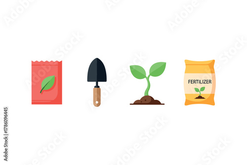 Gardening essentials icon set for landscaping and plant care designs