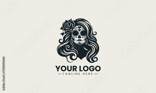 Black woman skull silhouette with long wavy hair and flower detailed logo illustration
