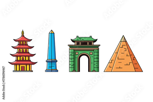 Global architectural landmark icons for travel and cultural education design