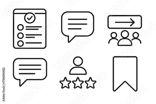 OER Engagement Icons. Line style icons of learner engagement with OER: interactive quiz icon, content comment bubble, share with