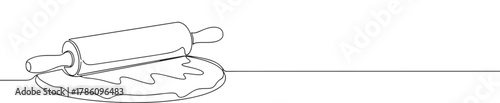 Continuous one line drawing of rolling pin and dough. Concept of baking, cooking and homemade food