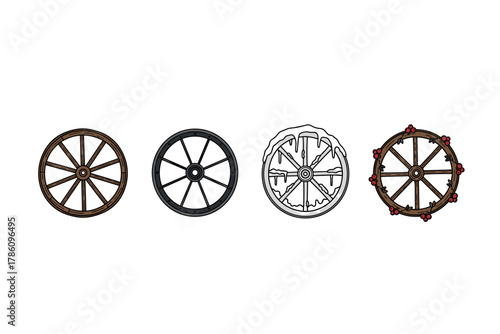 Traditional and decorative wagon wheels icons for historical design projects