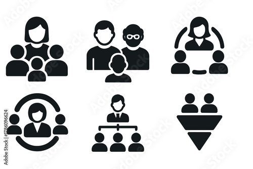 Diverse Leadership Icons. Solid style icons of diversity in leadership: inclusive leader glyph, varied age panel icon, mentorship