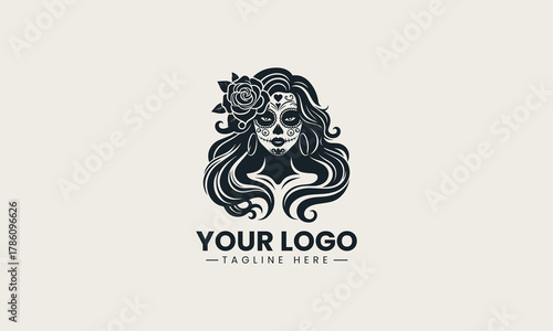 Black woman skull silhouette with long wavy hair and flower detailed logo illustration