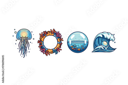 Ocean life and aquatic nature icons for design and branding