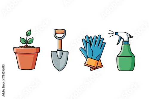 Gardening essentials icons for home and landscape projects