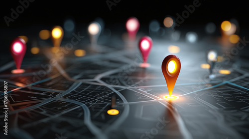 A close-up view of glowing location markers placed on a detailed map, symbolizing navigation and destination