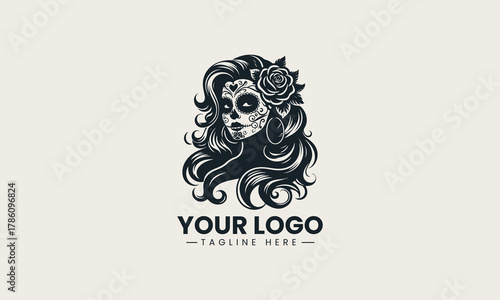 Black woman skull silhouette with long wavy hair and flower detailed logo illustration