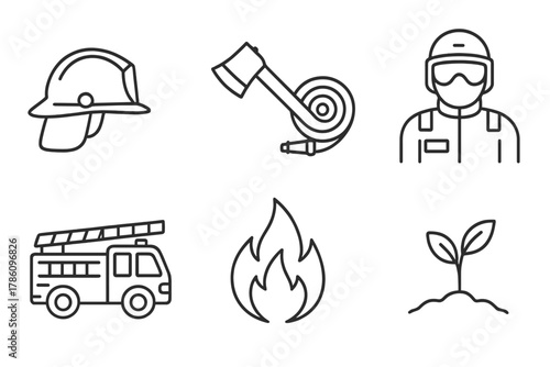 Firefighting Essentials Icons. Line style icons of Firefighting Gear: Helmet, Axe, Fire Hose, Smoke Jumper, Fire Truck, Flame,
