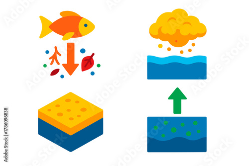 Deep Sea Carbon Cycle. Isometric vector illustration set Deep Sea Carbon Cycle: Organic debris descending, particulate rain cloud,