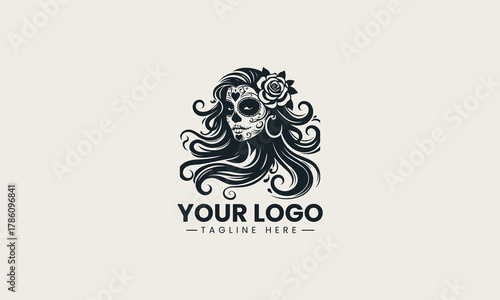 Black woman skull silhouette with long wavy hair and flower detailed logo illustration