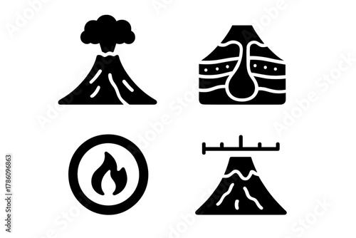 Volcanic Origin Icons. Solid style icons of volcanic origin education: eruption history glyph, formation layers icon, magma badge.