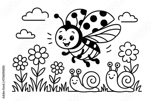 Playful Ladybug Adventure. Playful ladybug with open wings flying over flowers, grass, and smiling snails, black and white line