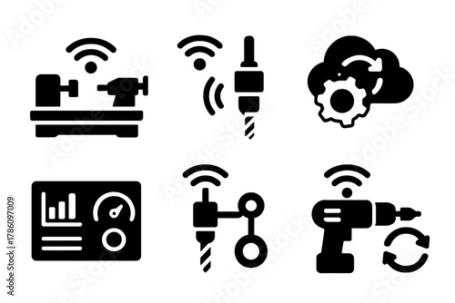 IoT Manufacturing Icons. Solid style icons of IoT-connected manufacturing: Wi-Fi symbol on lathe, connected micro-tool, cloud sync