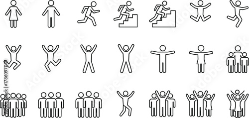 Human icon set, people silhouette, group interaction, jumping figures, running person, teamwork symbols, line art, vector people, motion graphics