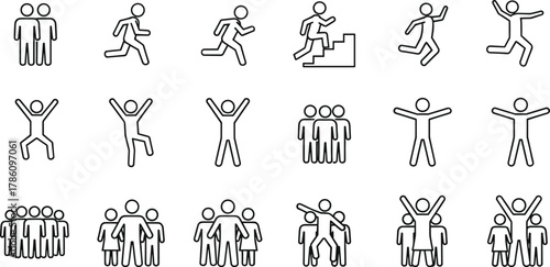 Human icon set, people silhouette, group interaction, jumping figures, running person, teamwork symbols, line art, vector people, motion graphics, pose illustration