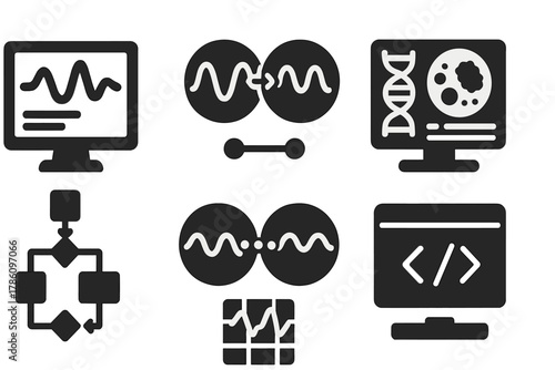 Quantum Tools Icons. Solid style icons of quantum modeling tools: simulation software screen, virtual particle interaction icon,