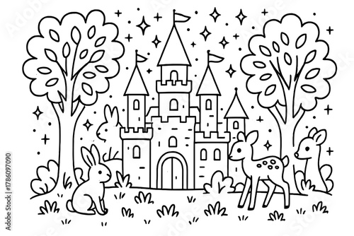 Fairy Forest Castle. Whimsical fairy castle hidden in the trees with sparkling stars, rabbits, and deer nearby, black and white