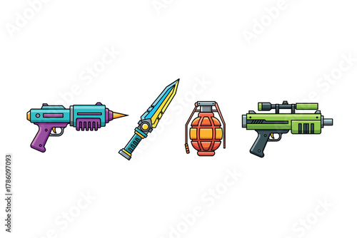 Futuristic weaponry and combat gear icons for game design