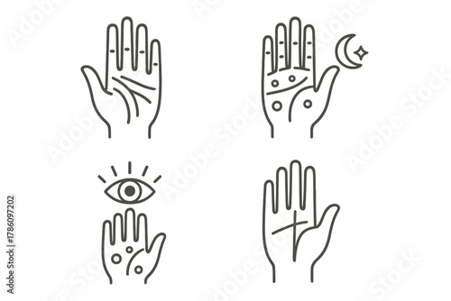 Mystic Palmistry Icons. Line style icons of Mystic Hand Reading: Palm Lines, Life Line, Mounts, Future Prediction; Heart Line,