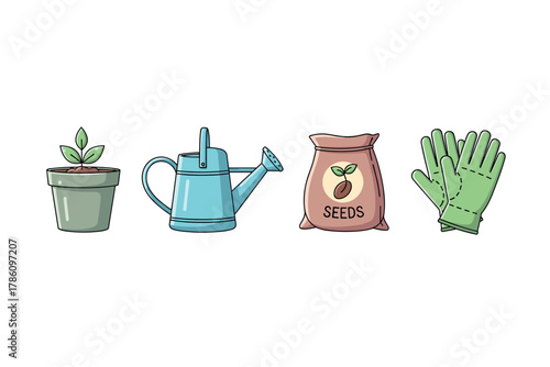 Gardening essentials icons for home and urban planting projects