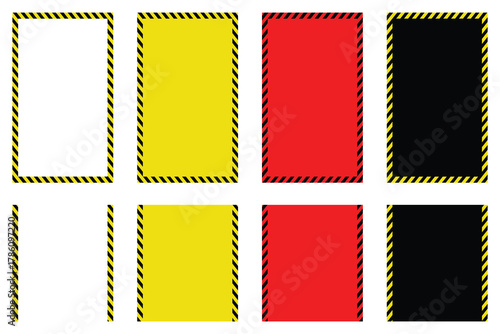 Warning frame vector set. Warning tape with yellow and black diagonal stripes. Warning Stripped Rectangle sign. Blank Warning frame vector illustration.