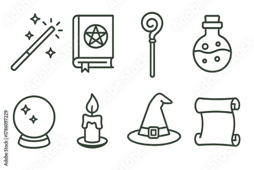 Magical Workshop Icons. Line style icons of Magical Workshop: Wand, Spellbook, Staff, Potion Bottle, Crystal Ball, Candle, Hat,