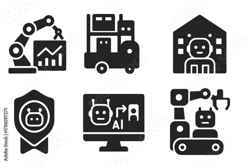 Robotics in Procurement Icons. Solid style icons of robotics and automation in procurement: robotic arm with chart, autonomous