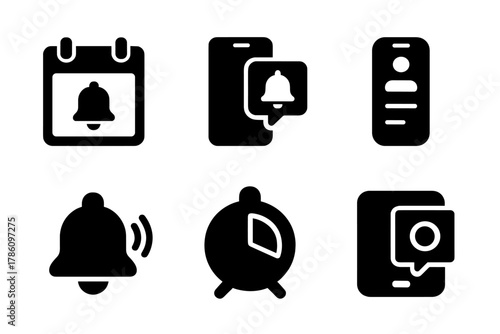 Event App Icons. Solid style icons of event announcement apps: schedule bell glyph, mobile alert icon, session badge. Pop-up ring,