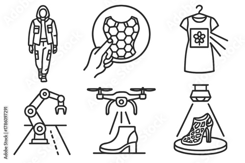 Futuristic Fashion Tech. Line style icons of fashion show tech: model walk with techwear, 3D-printed accessory close-up,