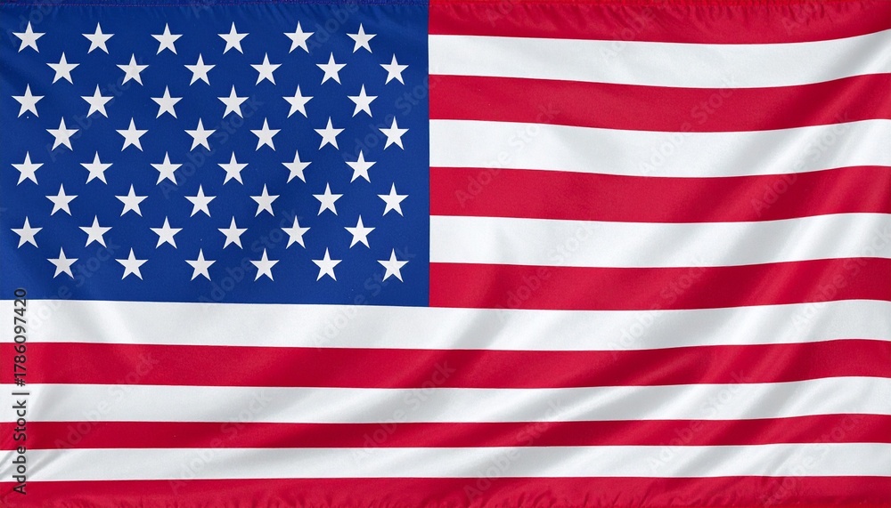 Fototapeta premium Iconic representation of the United States flag with thirteen red and white stripes and a blue canton bearing fifty white stars, symbolizing unity, freedom, and national pride.